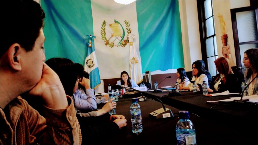 Imagen participantes a la mesa parlamentaria, al fondo la la bandera de Guatemala cubriendo una pared}
